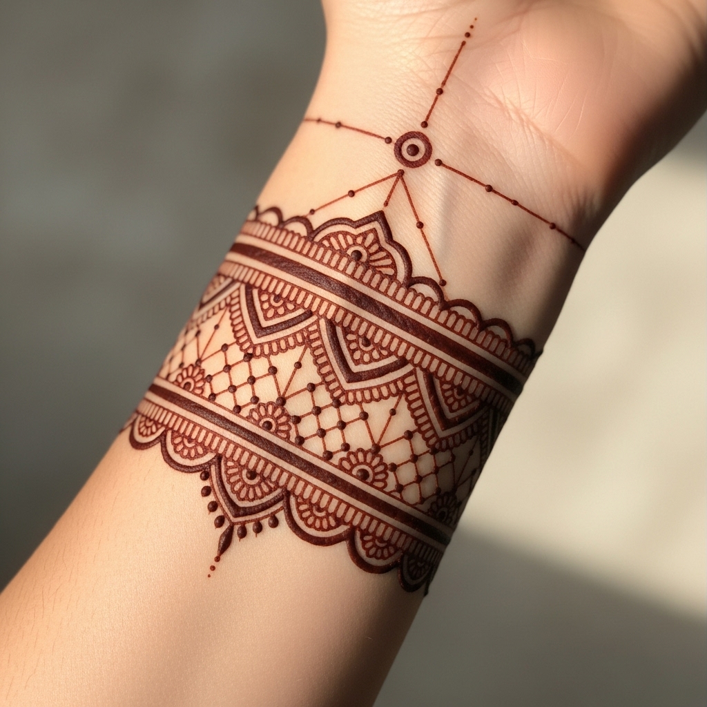 Minimalist lace-inspired henna design focused only on the wrist and lower forearm like a cuff.